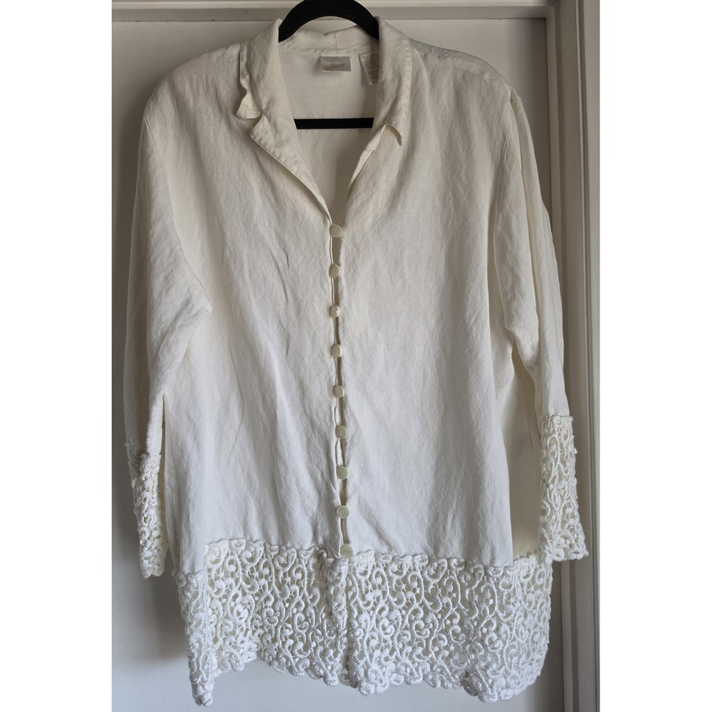 Apart Blouse Women 2X White Linen Long Sleeve Collared Casual Top Shirt Boho
